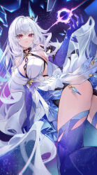 1girl bare_shoulders blue_dress blue_gloves blue_thighhighs breasts cleavage dress elbow_gloves genshin_impact gloves hair_ornament highres kinokohime large_breasts long_hair looking_at_viewer red_eyes short_dress skirk_(genshin_impact) solo thighhighs thighs two-tone_dress white_dress white_hair