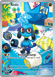 :o artist_name ball book card_(medium) character_name company_name copyright_name copyright_notice couch drawer dumbbell english_text exercise_ball flower full_body gen_3_pokemon gen_4_pokemon grip_trainer holding holding_dumbbell indoors lamp lucario medicham messy_room nelnal nintendo official_art open_mouth pillow pink_flower plant poke_ball_print pokemon pokemon_(creature) pokemon_card pokemon_focus pokemon_tcg potted_plant red_eyes riolu rug scratches solo standing stuffing table third-party_source trading_card vase weights window window_blinds