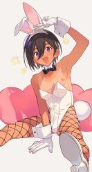 Rule 34 | 1boy, :d, animal ears, arm up, bare shoulders, between legs, black bow, black bowtie, black hair, bow, bowtie, bulge, collarbone, commentary, crossdressing, crossdressing (mtf), detached collar, fake animal ears, fake tail, fishnet pantyhose, fishnets, gloves, hair between eyes, hand between legs, hand up, high heels, highres, leotard, male focus, medium hair, mobu 45, nipples, open mouth, original, oversized breast cup, pantyhose, pillow, playboy bunny, purple eyes, rabbit ears, rabbit tail, shoe soles, sitting, smile, solo, spread legs, star (symbol), symbol-only commentary, tail, tan, tanline, trap, v, white footwear, white gloves, white leotard, wrist cuffs