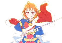 1girl ahoge aijou_karen aijou_karen_(cosplay) bushiroad clover_hair_ornament coat company_connection cosplay costume dee0333 dress fur-trimmed_coat fur_trim hair_ornament korean_commentary looking_at_viewer love_live! love_live!_sunshine!! orange_hair saber_(weapon) shoujo_kageki_revue_starlight simple_background sword takami_chika upper_body weapon white_background