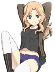 10s 1girl arms_behind_head blonde_hair blue_eyes caryo denim denim_shorts female_focus girls_und_panzer jacket kay_(girls_und_panzer) long_hair looking_at_viewer midriff nanashino navel shorts sitting smile solo thighhighs