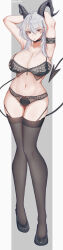 1girl absurdres arms_up artist_name bilingual_commentary black_bra black_eyes black_horns black_panties black_shoes black_tail black_thighhighs bra breasts closed_mouth commentary curled_horns demon_tail english_commentary full_body grey_hair hair_between_eyes highres horns huge_breasts lace lace-trimmed_thighhighs lace_trim lingerie long_hair looking_at_viewer mixed-language_commentary navel panties shoes solo stomach tail thighhighs thighs underwear wunahori wuthering_waves zani_(wuthering_waves)