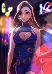 1girl absurdres bare_arms bare_shoulders black_hair blue_dress blurry blurry_background blush breasts city_lights cleavage cleavage_cutout clothing_cutout collarbone commentary cowboy_shot crescent crescent_earrings dress earrings english_commentary final_fantasy final_fantasy_vii floating_hair gold_earrings hair_behind_ear highres jewelry large_breasts long_hair looking_at_viewer neon_lights night official_alternate_costume outdoors parted_lips red_eyes seilidare short_dress single_earring skin_tight sleeveless sleeveless_dress solo swept_bangs tifa_lockhart turtleneck turtleneck_dress wall_market wavy_hair