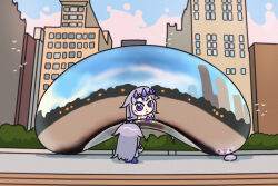 1girl 1other bing_huyue building chest_jewel chibi chicago cloud_gate commentary english_commentary gem gem_hair_ornament hair_flaps highres hololive hololive_english koseki_bijou koseki_bijou_(1st_costume) pebble_(koseki_bijou) purple_eyes purple_gemstone purple_hair purple_shoes real_world_location sculpture shoes simple_bird structure