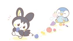 Rule 34 | :o, :t, apple, closed eyes, closed mouth, commentary request, creatures (company), emolga, food, food trail, fruit, game freak, gen 4 pokemon, gen 5 pokemon, grapes, highres, holding, holding food, holding fruit, light blush, looking down, motion lines, nintendo, no humans, notice lines, official art, open mouth, orange (fruit), piplup, pokemon, pokemon (creature), pokemon focus, strawberry, white background