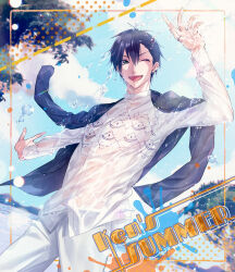 1boy black_hair cowboy_shot green_eyes growth_(tsukipro) hair_between_eyes highres jacket jacket_on_shoulders long_sleeves looking_at_viewer male_focus one_eye_closed open_mouth pants shirt short_hair smile solo teeth thumb_ring tsukino_talent_production tsukipro tsuru_ringo upper_teeth_only v-shaped_eyebrows water_drop wet wet_clothes wet_shirt white_pants white_shirt yaegashi_kensuke