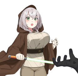 1girl 1other alien anger_vein black_gloves braid breasts brown_background brown_cloak brown_pants cloak commentary crossed_bangs dasdokter double-parted_bangs energy_sword english_commentary gloves green_eyes green_lightsaber hair_between_eyes highres holding holding_sword holding_weapon hololive hood hood_up jedi large_breasts lightsaber medium_hair open_mouth pants shirogane_noel shirt side_braid simple_background star_wars sword v-shaped_eyebrows virtual_youtuber weapon white_background white_gloves white_shirt wide_sleeves
