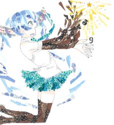 Rule 34 | 1girl, 39, 922pochan, abstract, aqua eyes, aqua nails, aqua necktie, aqua skirt, bare shoulders, blue hair, brown sleeves, brown thighhighs, collared shirt, commentary request, detached sleeves, feet out of frame, from side, highres, light blush, long hair, looking at object, masking tape (medium), miniskirt, mixed media, necktie, open mouth, outstretched arms, parted bangs, profile, shirt, sidelocks, skirt, sleeveless, sleeveless shirt, solo, star (symbol), thighhighs, traditional media, twintails, unconventional media, very long hair, vocaloid, white background, white shirt, zettai ryouiki