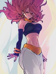 android_21 aura black_nails black_sclera black_tube_top bracelet breasts brown_hair choker cleavage colored_sclera colored_skin cowboy_shot dragon_ball dragon_ball_(classic) earrings female_majin grin harem_pants hoop_earrings jewelry kemachiku long_hair majin_android_21 medium_breasts nail_polish navel pants pink_skin red_eyes smile strapless tube_top very_long_hair white_pants yellow_choker