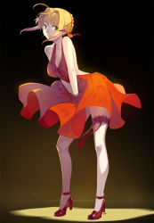 10s 1girl ahoge backless_outfit bare_legs bare_shoulders black_background blonde_hair breasts clothes_lift club3 cosplay dress dress_lift dress_tug fate/extra fate/grand_order fate_(series) female_focus full_body green_eyes hair_intakes hair_ribbon high_heels leaning_forward marilyn_monroe marilyn_monroe_(cosplay) medium_breasts nero_claudius_(fate) nero_claudius_(fate/extra) parted_lips red_dress red_shoes ribbon shoes short_hair simple_background skirt_hold sleeveless sleeveless_dress smile solo spotlight standing teeth thigh_strap thighhighs white_thighhighs wind wind_lift