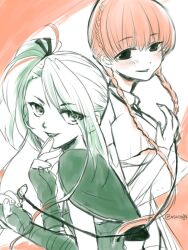 2girls asato04 braid capelet deathpolca demons_roots fingerless_gloves gloves lily_killer long_hair looking_at_viewer multiple_girls multiple_monochrome side_ponytail sketch smile twin_braids upper_body