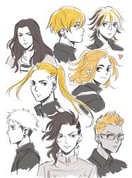 6+boys andythelemon baji_keisuke blonde_hair cross earrings eyebrows eyelashes hanemiya_kazutora jewelry kisaki_tetta kokonoi_hajime long_hair matsuno_chifuyu mitsuya_takashi mole mole_under_eye multiple_boys piercing ponytail ryuuguuji_ken sano_manjirou short_hair sketch skull_tattoo spiked_hair tattoo tokyo_revengers undercut white_background