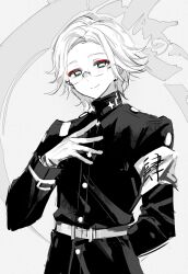 1boy absurdres aotsuki_eito arm_behind_back armband eyeshadow fuseru770 glasses gloves greyscale hand_on_own_chest highres jacket last_defense_academy_school_uniform long_sleeves looking_at_viewer makeup male_focus monochrome red_eyeshadow school_uniform simple_background smile solo spot_color the_hundred_line_-last_defense_academy-