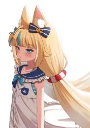 Rule 34 | 1girl, absurdres, animal ear fluff, animal ears, blonde hair, blue bow, blue eyes, blue hair, blue sailor collar, blush, bow, cat ears, closed mouth, dress, fang, highres, indie virtual youtuber, lifebuoy hair ornament, long hair, looking at viewer, multicolored hair, sailor collar, sameko saba, sharkudon, skin fang, sleeveless, sleeveless dress, smile, solo, two-tone hair, very long hair, virtual youtuber, white dress