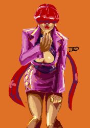 1girl animated animated_gif bent_over blowing_kiss breasts cleavage cleavage_cutout clothing_cutout curvy dress earrings female_focus fishnets huge_breasts ibdinosaur jacket jewelry large_breasts latex leaning_forward long_hair long_sleeves looking_at_viewer ponytail red_hair shermie_(kof) shiny_clothes skirt standing the_king_of_fighters thighs twintails