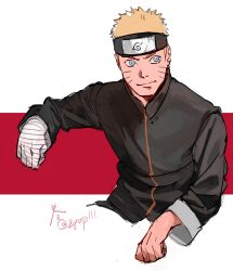 Rule 34 | 1boy, bandaged arm, bandages, black jacket, blonde hair, blue eyes, boruto: naruto next generations, closed mouth, forehead protector, highres, jacket, konohagakure symbol, long sleeves, male focus, naruto (series), ninja, red background, smile, solo, spiked hair, two-tone background, uzumaki naruto, white background, zifletts