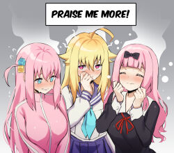 Rule 34 | 3girls, ahoge, black bow, black dress, blonde hair, blue eyes, blue neckerchief, blunt bangs, bocchi the rock!, bow, breasts, clenched hands, closed eyes, closed mouth, commentary, crossover, cube hair ornament, dress, english commentary, english text, fujiwara chika, gotoh hitori, grey background, hair bow, hair ornament, head steam, hino minami high school uniform, jacket, kaguya-sama wa kokurasetai ~tensai-tachi no renai zunousen~, kangbus, koshi torako, large breasts, long hair, long sleeves, multiple crossover, multiple girls, neck ribbon, neckerchief, pink eyes, pink hair, pink jacket, pleated skirt, purple sailor collar, purple skirt, red ribbon, ribbon, sailor collar, school uniform, serafuku, shikanoko nokonoko koshitantan, shirt, shuuchiin academy school uniform, side ahoge, skirt, track jacket, upper body, wavy mouth, white shirt, winter uniform