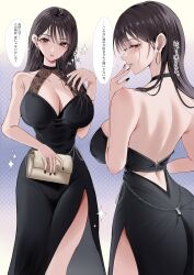 1girl absurdres ass bag bare_shoulders black_choker black_dress black_hair blush breasts brown_eyes brown_hair choker cleavage collarbone dress earrings enma_daio handbag highres holding holding_bag hoop_earrings jewelry large_breasts long_hair looking_at_viewer mole mole_under_eye open_mouth original parted_lips side_slit sweat sweatdrop