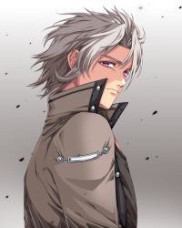 Rule 34 | 1boy, absurdres, coat, commentary, curtained hair, eiyuu densetsu, english commentary, floating hair, gradient background, grey background, grey hair, hair between eyes, high collar, highres, leonhardt (eiyuu densetsu), male focus, mullet, parted bangs, partially shaded face, purple eyes, short hair, simple background, solo, sora no kiseki, yuzukiyo