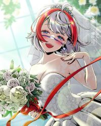 1girl ahoge blue_eyes bouquet breasts bride collarbone commission dress earrings facial_mark flower highres holding holding_bouquet indie_virtual_youtuber jewelry lucy_prawn_ww multicolored_hair onolumi_(vtuber) open_mouth red_hair red_nails red_ribbon ribbon rose skeb_commission smile streaked_hair tiara virtual_youtuber wedding_dress white_dress white_flower white_rose