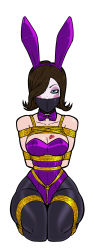 1girl animal_ears arms_behind_back bdsm blush bondage borderlands borderlands_(series) borderlands_2 bound bound_arms bound_legs bow bowtie box_tie breast_bondage breast_tattoo breasts brown_eyes brown_hair cleavage collarbone detached_collar fake_animal_ears gag gagged hair_over_one_eye heart heart_tattoo highres improvised_gag kneeling leotard looking_at_viewer mad_moxxi makeup playboy_bunny purple_leotard rabbit_ears rope tattoo wossarem