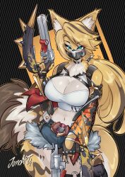 1girl absurdres animal_ear_fluff animal_ears belt belt_buckle breasts buckle cat_ears cat_tail cleavage crop_top denim denim_shorts dual_wielding finger_on_trigger fingerless_gloves furry furry_female gloves green_eyes gun highres holding holding_gun holding_weapon jamoart large_breasts long_hair mask midriff mouth_mask navel pulchra_fellini shorts signature striped_hair tail weapon zenless_zone_zero