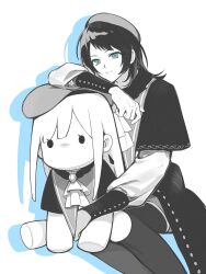 1girl bang_dream! bang_dream!_it&#039;s_mygo!!!!! blue_eyes capelet character_doll closed_mouth commentary cosplay cracy_logan drop_shadow hashtag-only_commentary highres long_sleeves medium_hair mortis_(bang_dream!) mortis_(costume)_(bang_dream!) pantyhose pantyhose_under_shorts shorts shorts_under_skirt simple_background skirt solo wakaba_mutsumi wakaba_mutsumi_(cosplay) wakaba_mutsumi_(doll) white_background yahata_umiri