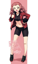 Rule 34 | 1girl, bandaid, bandaid on knee, bandaid on leg, bike shorts, black shorts, blush, breasts, collarbone, erakin, full body, girls und panzer, hand on own hip, highres, long hair, medium breasts, midriff, military uniform, navel, open mouth, pink background, pink hair, rosehip (girls und panzer), shorts, simple background, solo, st. gloriana&#039;s military uniform, standing, whistle, yellow eyes