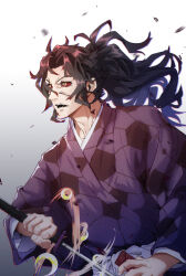 1boy adam&#039;s_apple black_hair colored_sclera daziran_de_duqiyan debris gradient_background highres japanese_clothes katana kimetsu_no_yaiba kimono kokushibou long_hair long_sleeves male_focus messy_hair open_mouth ponytail red_sclera solo sword weapon