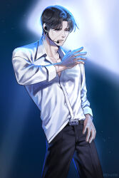 1boy bags_under_eyes black_hair blurry blurry_background brown_eyes collared_shirt cowboy_shot curtained_hair earpiece eoru1010 exhausted facing_viewer hand_on_own_crotch hand_up k-pop limbus_company male_focus multiple_scars open_mouth pectoral_cleavage pectorals project_moon scar scar_on_face scar_on_hand shirt short_hair solo twisted_torso vergilius_(project_moon) white_shirt wireless_microphone