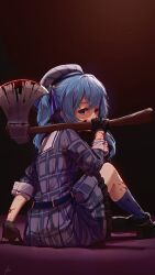 1girl a0s0l absurdres axe beret black_gloves black_shoes blood blood_on_arm blood_on_axe blood_on_cheek blood_on_face blood_on_leg blue_eyes blue_hair blue_socks fingerless_gloves gloves grey_hat grey_shirt grey_skirt hat highres holding holding_axe hololive hoshimachi_suisei hoshimachi_suisei_(1st_costume) looking_at_viewer one_side_up shirt shoes skirt socks solo virtual_youtuber