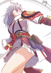 1girl absurdres armor belt_pouch hair_ornament highres japanese_clothes kaguya_(rune_factory) long_hair pouch purple_eyes rune_factory rune_factory:_guardians_of_azuma shoulder_armor thighs white_hair