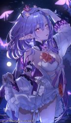 1girl absurdres adapted_costume bare_shoulders black_tiara blush breasts bug butterfly butterfly_earrings castorice_(honkai:_star_rail) cleavage commentary cowboy_shot dress earrings flower hair_between_eyes hair_flower hair_ornament hand_on_own_head highres honkai:_star_rail honkai_(series) imasaki_kei insect jewelry long_hair looking_at_viewer medium_breasts parted_lips pink_flower pointy_ears purple_butterfly purple_eyes purple_hair purple_pupils purple_theme solo tiara very_long_hair white_dress