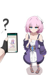 Rule 34 | 1boy, 1girl, ?, absurdres, black gloves, blue eyes, blush, caelus (honkai: star rail), coat, color connection, company connection, cyrene (honkai: star rail), dress, elysia (herrscher of human: ego) (honkai impact), elysia (honkai impact), elysia (summer 2024) (honkai impact), fingerless gloves, gloves, hair color connection, hair ornament, highres, holding, holding phone, honkai: star rail, honkai (series), honkai impact 3rd, indonesian text, inoue marina, marin liekuriva, medium hair, multicolored hair, official alternate costume, phone, pink hair, pink pupils, pointy ears, pov, pov hands, purple coat, sandals, simple background, smile, sweatdrop, text messaging, toes, trailblazer (honkai: star rail), two-tone hair, voice actor connection, white background, white dress, white hair, yanning