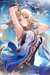 1girl absurdres arm_behind_head armpits arms_up axe_ftga8758 black_dress blonde_hair blue_eyes blue_hair blush breasts colored_inner_hair commentary cowboy_shot dress earrings fleurdelys_(wuthering_waves) floating_earrings highres horns huge_breasts jewelry long_hair long_horns looking_at_viewer multicolored_hair parted_lips pointy_ears presenting_armpit sidelocks single_horn solo tabard tacet_mark_(wuthering_waves) very_long_hair white_tabard wuthering_waves yellow_horns