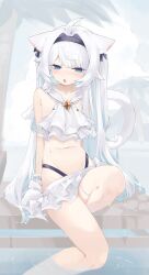 1girl :o absurdres ahoge animal_ear_fluff animal_ears arm_support black_hairband blue_eyes blush cat_ears cat_girl cat_tail cloud cloudy_sky couette_(world_flipper) day dripping frilled_shirt frills hair_intakes hairband highres leg_ribbon long_hair miniskirt mz_mz navel outdoors palm_tree panty_straps poolside ribbon sailor_collar shirt sitting skirt sky solo tail thigh_ribbon thighs tree wet whale_tail_(clothing) white_hair white_sailor_collar world_flipper