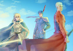1girl 2boys ahoge archer_(fate) armor armored_dress artoria_pendragon_(fate) blonde_hair blue_bodysuit blue_cape blue_eyes blue_hair bodysuit bow_(weapon) braid breastplate cape coat commentary_request covered_abs covered_pectorals cu_chulainn_(fate) cu_chulainn_(fate/stay_night) dress earrings excalibur_(fate/stay_night) fate/stay_night fate_(series) frown fur-trimmed_coat fur_trim gae_bolg_(fate) gavial2021 green_eyes hand_on_own_hip highres holding holding_bow_(weapon) holding_polearm holding_sword holding_weapon jewelry korean_commentary multiple_boys pectorals polearm red_eyes red_skirt saber_(fate) serious shoulder_plates skirt spear sword v-shaped_eyebrows weapon white_hair yellow_eyes