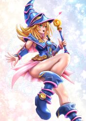 Rule 34 | 1girl, blonde hair, blue boots, blue hat, boots, dark magician girl, duel monster, green eyes, hat, heart, highres, holding, holding wand, long hair, miyakura haruto, open mouth, pink skirt, showgirl skirt, skirt, smile, wand, wizard hat, yu-gi-oh!