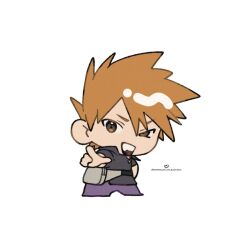 Rule 34 | 1boy, 55oshimechan, black shirt, blue oak, brown eyes, brown hair, chibi, chibi only, creatures (company), fanny pack, game freak, grey bag, looking at viewer, male focus, nintendo, open mouth, pants, pointing, pointing at viewer, pokemon, pokemon frlg, purple pants, shirt, short hair, short sleeves, smile, solo, spiked hair, uneven eyes, v-shaped eyebrows