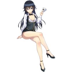 1girl anklet black_bow black_bowtie black_hair blue_eyes bow bowtie breasts card closed_mouth crossed_bangs dolphin_wave game_cg hagane_otsuki high_heels highres holding holding_card jewelry light_blush long_hair long_sleeves looking_at_viewer miniskirt non-web_source official_art ootomo_takuji partially_unbuttoned pencil_skirt sitting skirt small_breasts smile solo spread_cleavage striped_clothes striped_vest transparent_background vertical-striped_clothes vertical-striped_vest vest