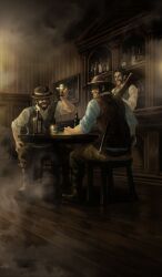 3boys alcohol bar_(place) brown_theme commentary cowboy faceless faceless_male fate/grand_order fate_(series) full_body gun indoors lasengle male_focus multiple_boys official_art sitting smoke third-party_source toasting_(gesture) weapon western