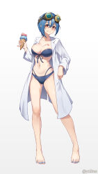 1girl absurdres barefoot bikini blue_bikini blue_hair blue_nails blush breasts cleavage closed_mouth coat collarbone commentary_request eyewear_on_head feet fingernails food food_on_body food_on_breasts food_on_face front-tie_bikini_top front-tie_top full_body goggles goggles_on_head hair_between_eyes highres holding holding_food holding_ice_cream holding_ice_cream_cone ice_cream ice_cream_cone lab_coat legs long_sleeves looking_at_viewer love_live! love_live!_superstar!! medium_breasts navel open_clothes open_coat orange_eyes short_hair simple_background smile solo stomach swimsuit toenails toes twitter_username wakana_shiki white_background white_coat yzlkun