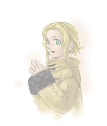 1girl blonde_hair coat dominique_cross female_focus gradient_background green_eyes koufuu lowres pale_color short_hair solo the_bouncer white_background