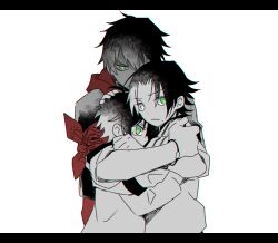 3boys bandana_around_arm bracelet brothers buster_bros!!! crying crying_with_eyes_open curtained_hair glaring green_eyes group_hug hair_between_eyes hand_on_another&#039;s_head highres hug hypnosis_mic jacket_over_hoodie jewelry looking_at_viewer mole mole_under_eye mole_under_mouth multiple_boys multiple_moles parted_bangs shaded_face short_hair siblings sleeves_rolled_up spot_color tears v-shaped_eyebrows yamada_ichiro yamada_jiro yamada_saburo yuuma_(omaeno_meinichi)