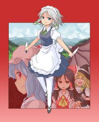 Rule 34 | 4girls, abekawa, apron, ascot, back bow, black hair, black vest, blonde hair, blue eyes, blue hair, bow, braid, brown eyes, closed eyes, closed mouth, commentary request, detached sleeves, dual wielding, fang, fang out, frilled bow, frilled hair tubes, frills, green bow, green ribbon, grey hair, hair bow, hair tubes, hakurei reimu, hat, hat bow, highres, holding, holding knife, izayoi sakuya, kirisame marisa, knife, long hair, looking at viewer, maid, maid headdress, mob cap, multiple girls, neck ribbon, open mouth, pantyhose, pink hat, puffy short sleeves, puffy sleeves, red bow, red eyes, remilia scarlet, ribbon, ribbon-trimmed sleeves, ribbon trim, shoes, short sleeves, side braid, single braid, smile, touhou, twin braids, vest, waist apron, white apron, white bow, white pantyhose, witch hat, yellow ascot