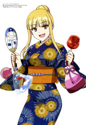 1girl :d absurdres bag bagged_fish ballpark_de_tsukamaete! blonde_hair blue_kimono blunt_bangs candy_apple copyright_name copyright_notice cowboy_shot ear_cuffs fang fish floral_print floral_print_kimono food hand_fan highres holding holding_candy_apple holding_fan japanese_clothes kimono kinchaku long_hair looking_at_viewer magazine_scan megami_magazine nail_polish obi obijime official_art open_mouth orange_nails orange_sash paper_fan pouch print_kimono ruriko_(ballpark_de_tsukamaete!) sash scan sidelocks simple_background smile solo sugimura_sonomi uchiwa water_yoyo white_background yellow_eyes yukata