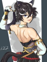 1girl animal_ears back backless_shirt bare_shoulders black_hair black_nails black_shirt blue_eyes breasts clothing_cutout commentary_request crossed_bangs detached_sleeves ear_covers eliseand0101 fingernails from_behind frown grey_background hair_bun hair_extensions highres horse_ears katsuragi_ace_(pen_name:_ink_dragon)_(umamusume) katsuragi_ace_(umamusume) long_hair looking_at_viewer looking_back nail_polish official_alternate_costume official_alternate_hairstyle open_mouth pointing pointing_at_self pointing_with_thumb ring_hair_extensions shadow shirt shoulder_blades signature small_breasts smile solo tail tail_through_clothes tassel two-tone_background umamusume upper_body white_background