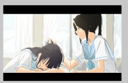 Rule 34 | 2girls, black hair, blue neckerchief, blue sailor collar, hand in another&#039;s hair, hibike! euphonium, indoors, kasaki nozomi, kitauji high school uniform, liz to aoi tori, long hair, multiple girls, neckerchief, ponytail, sailor collar, school uniform, serafuku, shirt, short sleeves, white shirt, yao (yaocccc98), yoroizuka mizore, yuri