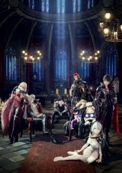 3girls 5boys absurdres artist_request breasts brother_and_sister character_request cleavage code_vein eva_roux highres incredibly_absurdres indoors io_(code_vein) jack_rutherford large_breasts looking_at_viewer louis_(code_vein) mia_karnstein multiple_boys multiple_girls nicola_karnstein official_art protagonist_(code_vein) siblings source_request tagme underboob yakumo_shinonome