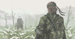 1boy 1girl assault_rifle bandana bare_tree beta_c-mag blonde_hair brown_hair camouflage carbine cloak double-drum_magazine drum_magazine field flower flower_field from_behind gun headband high-capacity_magazine holding holding_gun holding_weapon m16 m231_firing_port_weapon magazine_(weapon) metal_gear_(series) metal_gear_solid_3:_snake_eater naked_snake patriot_(metal_gear) perfect_sushi_rice rifle short-barreled_rifle short_hair sleeves_rolled_up the_boss tree weapon white_flower